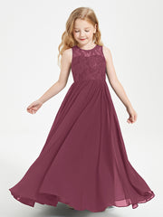 Long Junior Bridesmaid Dresses Illusion Lace Top Mulberry
