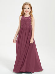 Long Junior Bridesmaid Dresses Illusion Lace Top Mulberry