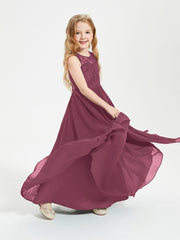 Long Junior Bridesmaid Dresses Illusion Lace Top Mulberry