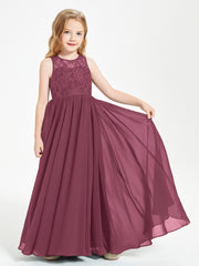Long Junior Bridesmaid Dresses Illusion Lace Top Mulberry