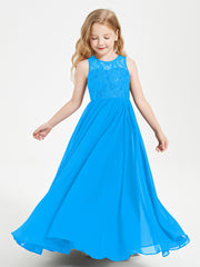 Long Junior Bridesmaid Dresses Illusion Lace Top Ocean Blue