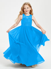 Long Junior Bridesmaid Dresses Illusion Lace Top Ocean Blue