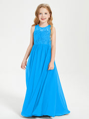 Long Junior Bridesmaid Dresses Illusion Lace Top Ocean Blue