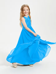 Long Junior Bridesmaid Dresses Illusion Lace Top Ocean Blue