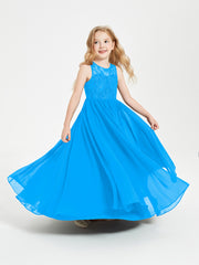 Long Junior Bridesmaid Dresses Illusion Lace Top Ocean Blue