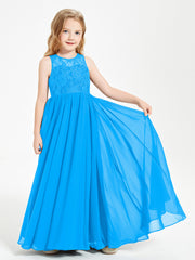 Long Junior Bridesmaid Dresses Illusion Lace Top Ocean Blue