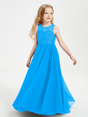 Long Junior Bridesmaid Dresses Illusion Lace Top Ocean Blue