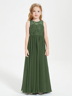 Long Junior Bridesmaid Dresses Illusion Lace Top Olive Green