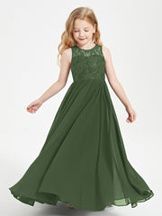 Long Junior Bridesmaid Dresses Illusion Lace Top Olive Green