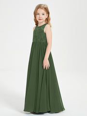 Long Junior Bridesmaid Dresses Illusion Lace Top Olive Green
