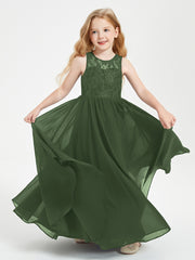 Long Junior Bridesmaid Dresses Illusion Lace Top Olive Green