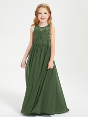 Long Junior Bridesmaid Dresses Illusion Lace Top Olive Green