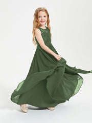 Long Junior Bridesmaid Dresses Illusion Lace Top Olive Green