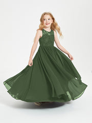 Long Junior Bridesmaid Dresses Illusion Lace Top Olive Green