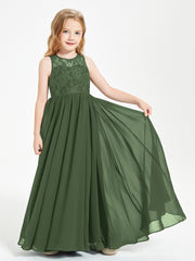 Long Junior Bridesmaid Dresses Illusion Lace Top Olive Green