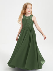 Long Junior Bridesmaid Dresses Illusion Lace Top Olive Green