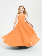 Long Junior Bridesmaid Dresses Illusion Lace Top Orange