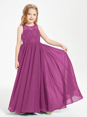 Long Junior Bridesmaid Dresses Illusion Lace Top Orchid