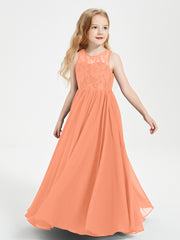 Long Junior Bridesmaid Dresses Illusion Lace Top Papaya