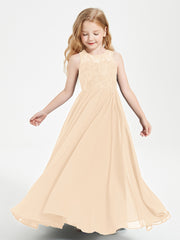 Long Junior Bridesmaid Dresses Illusion Lace Top Peach
