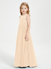 Long Junior Bridesmaid Dresses Illusion Lace Top Peach