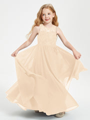 Long Junior Bridesmaid Dresses Illusion Lace Top Peach