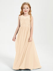 Long Junior Bridesmaid Dresses Illusion Lace Top Peach