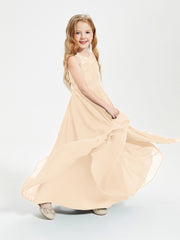 Long Junior Bridesmaid Dresses Illusion Lace Top Peach