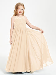 Long Junior Bridesmaid Dresses Illusion Lace Top Peach
