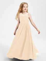 Long Junior Bridesmaid Dresses Illusion Lace Top Peach