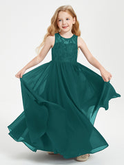 Long Junior Bridesmaid Dresses Illusion Lace Top Peacock