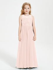 Long Junior Bridesmaid Dresses Illusion Lace Top Pearl Pink