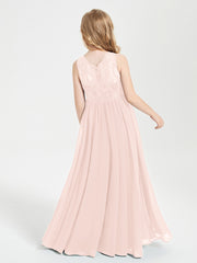 Long Junior Bridesmaid Dresses Illusion Lace Top Pearl Pink