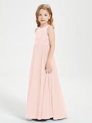 Long Junior Bridesmaid Dresses Illusion Lace Top Pearl Pink