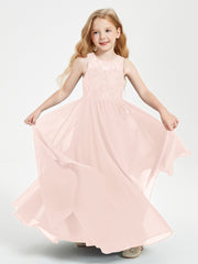 Long Junior Bridesmaid Dresses Illusion Lace Top Pearl Pink