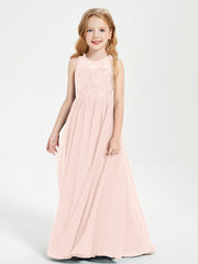 Long Junior Bridesmaid Dresses Illusion Lace Top Pearl Pink