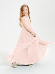 Long Junior Bridesmaid Dresses Illusion Lace Top Pearl Pink
