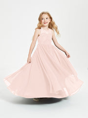 Long Junior Bridesmaid Dresses Illusion Lace Top Pearl Pink