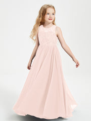 Long Junior Bridesmaid Dresses Illusion Lace Top Pearl Pink