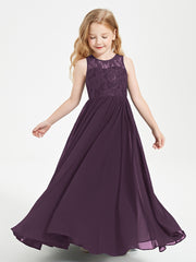 Long Junior Bridesmaid Dresses Illusion Lace Top Plum