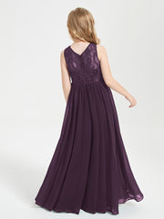 Long Junior Bridesmaid Dresses Illusion Lace Top Plum