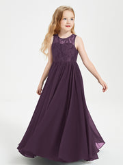 Long Junior Bridesmaid Dresses Illusion Lace Top Plum