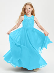 Long Junior Bridesmaid Dresses Illusion Lace Top Pool
