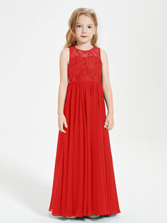 Long Junior Bridesmaid Dresses Illusion Lace Top Red