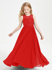 Long Junior Bridesmaid Dresses Illusion Lace Top Red