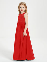 Long Junior Bridesmaid Dresses Illusion Lace Top Red