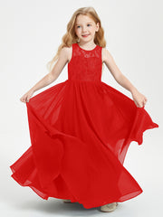 Long Junior Bridesmaid Dresses Illusion Lace Top Red