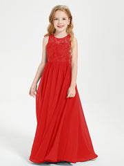 Long Junior Bridesmaid Dresses Illusion Lace Top Red