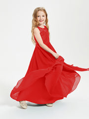 Long Junior Bridesmaid Dresses Illusion Lace Top Red