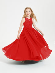 Long Junior Bridesmaid Dresses Illusion Lace Top Red